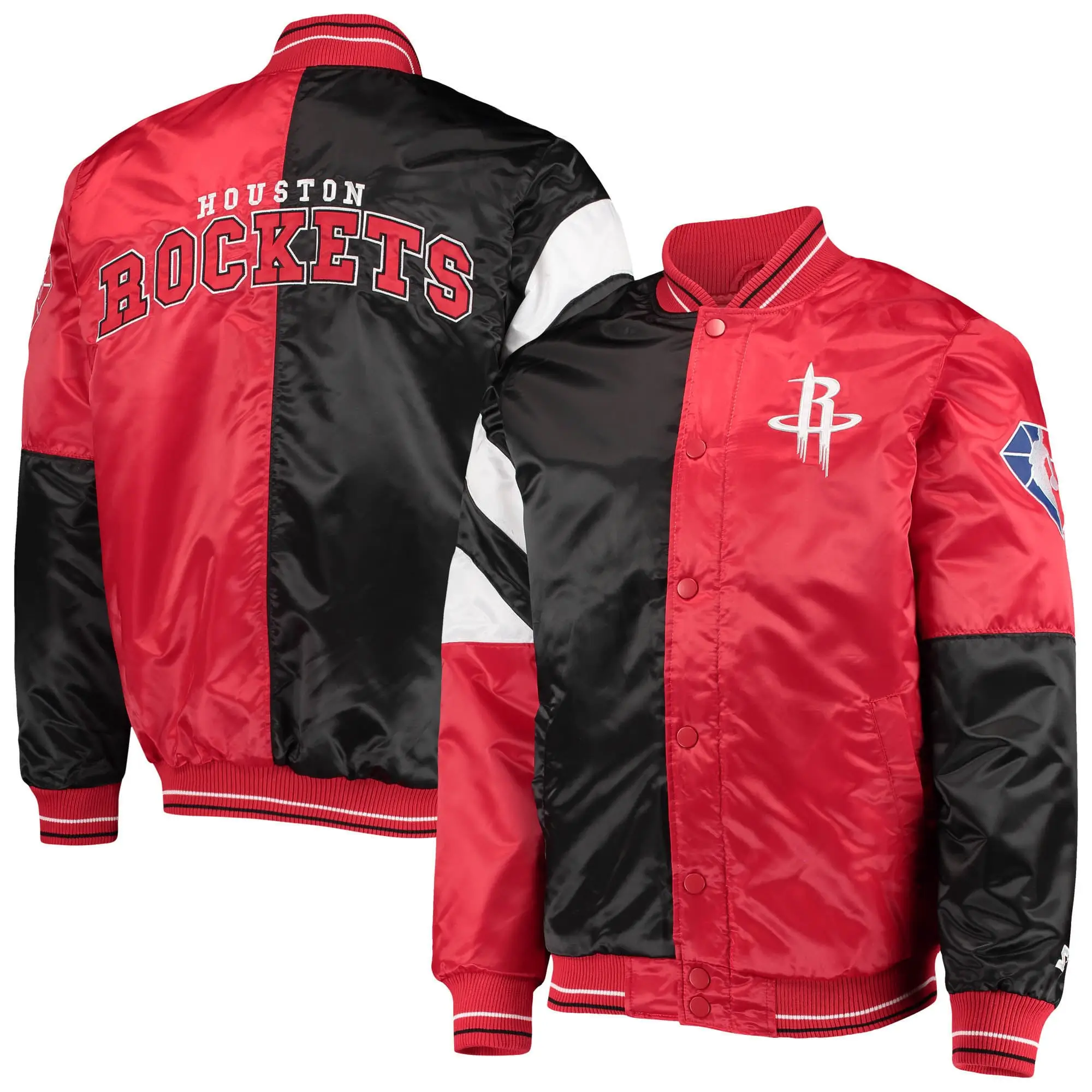 Houston Rockets 75th Anniversary Leader Black & Red Satin Varsity Jacket - Image 4