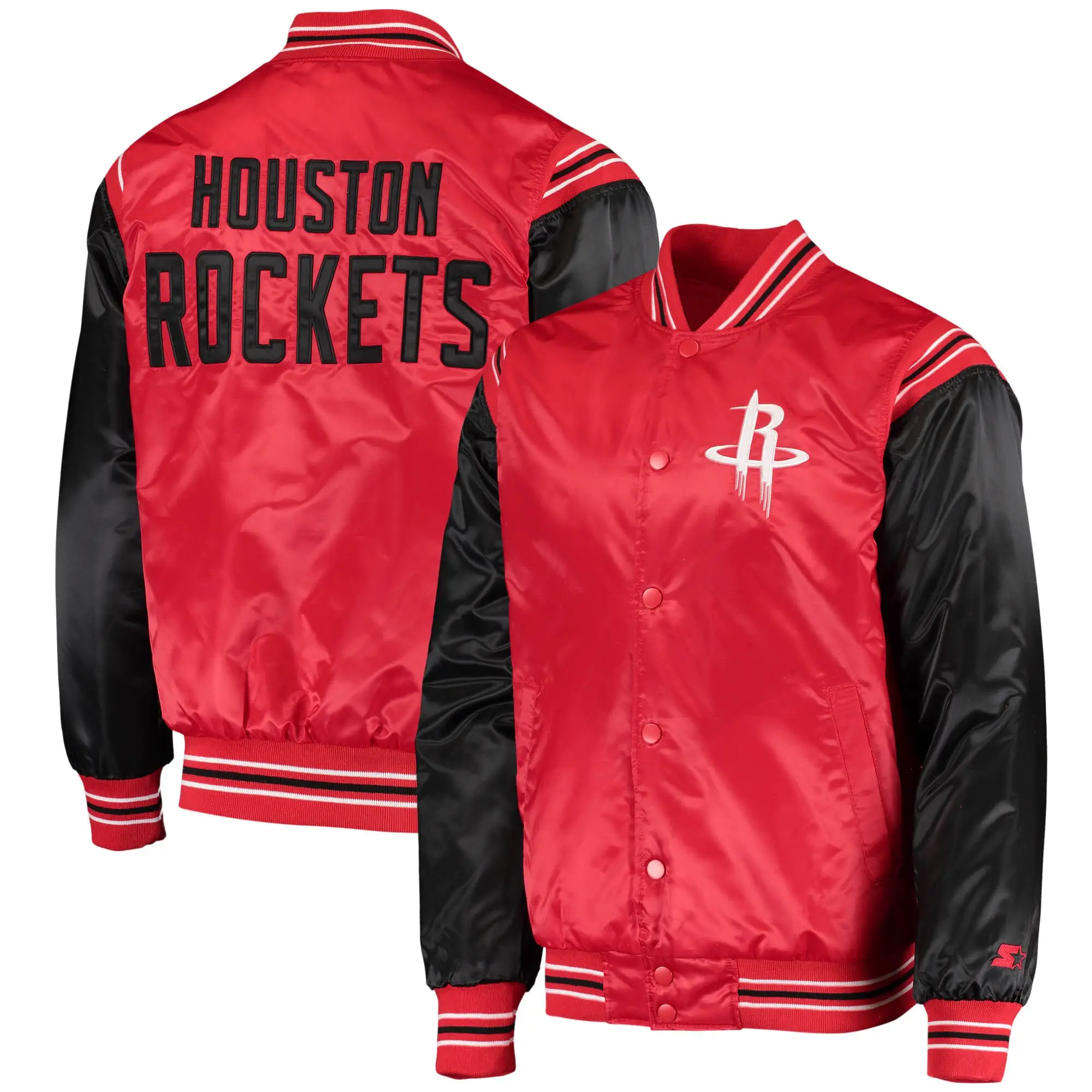 Houston Rockets The Enforcer Full-Snap Red & Black Satin Varsity Jacket - Image 4