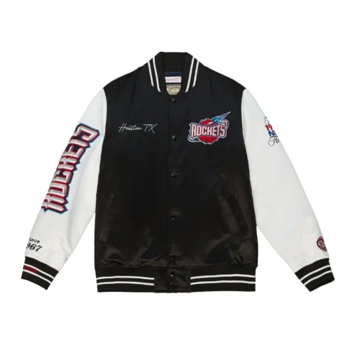 Houston Rockets Team Origins Black & White Satin Varsity Jacket