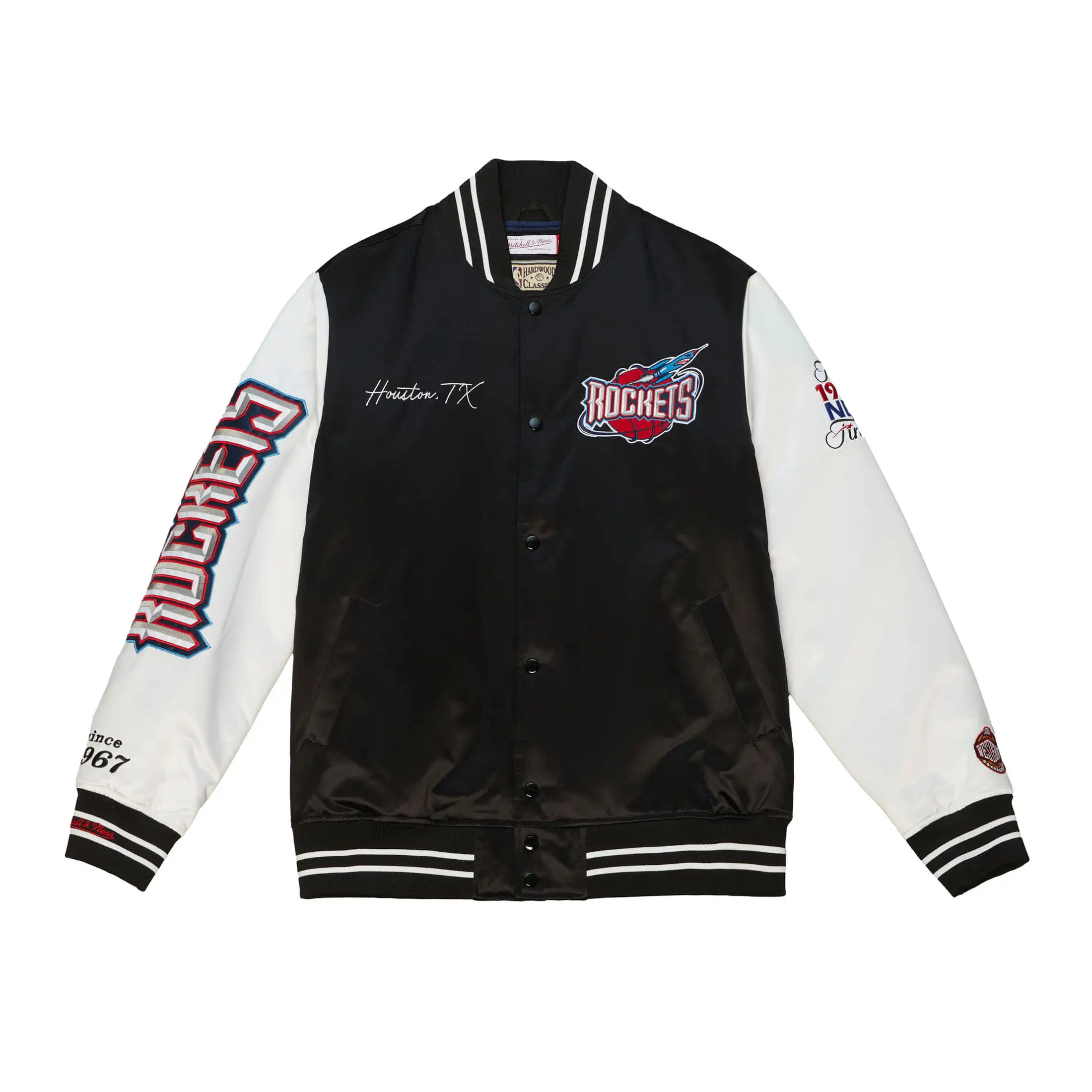 Houston Rockets Team Origins Black & White Satin Varsity Jacket
