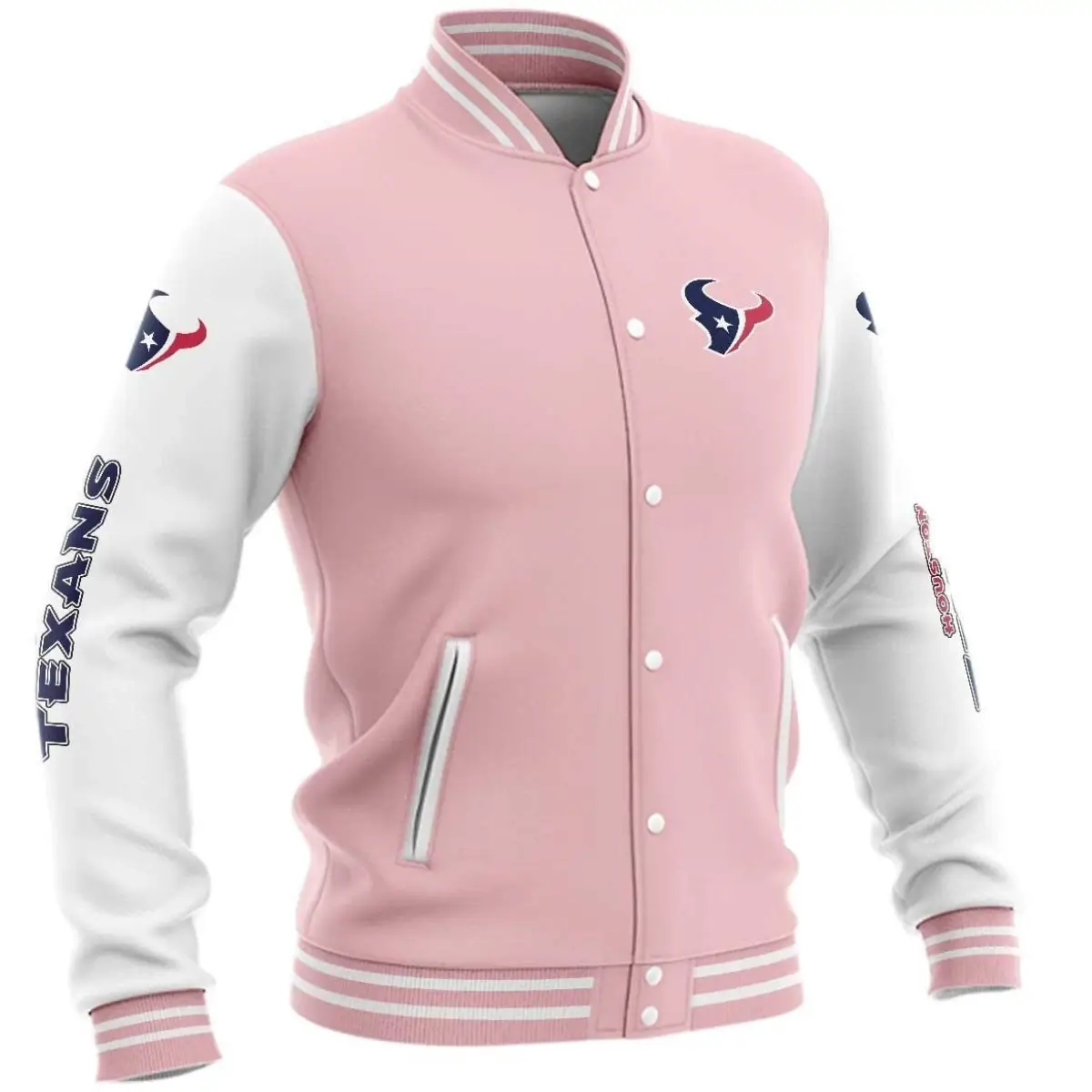 Houston Texans Classic Rib Pink & White Satin Varsity Jacket