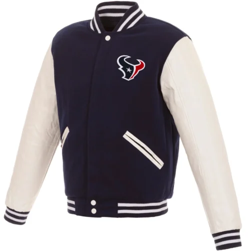 Houston Texans Two Tone Navy / White Wool & Leather Varsity Jacket