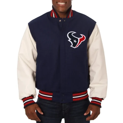 Houston Texans Two Tone Wool & Faux Leather Varsity Jacket