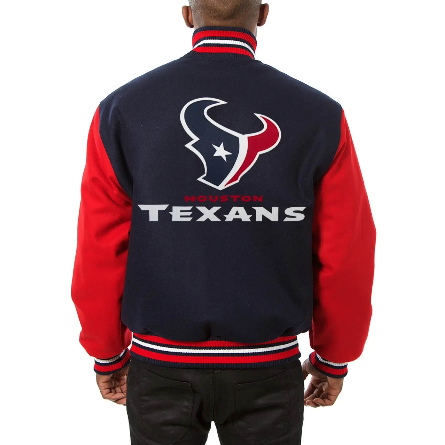 Houston Texans Handmade Two Tone Navy/Red Wool Varsity Jacket - Image 2