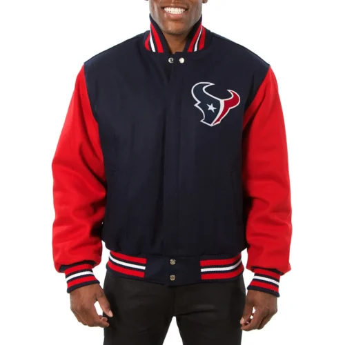 Houston Texans Handmade Two Tone Navy/Red Wool Varsity Jacket