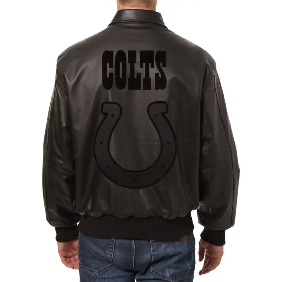 Indianapolis Colts Shirt Collar Full Leather Black Tonal Varsity Jacket - Image 2