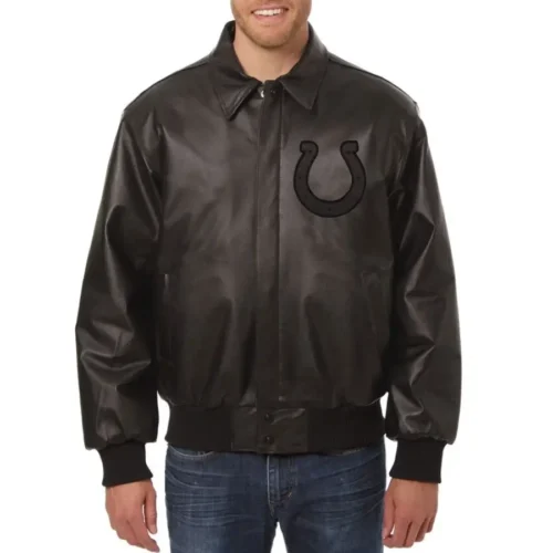 Indianapolis Colts Shirt Collar Full Leather Black Tonal Varsity Jacket