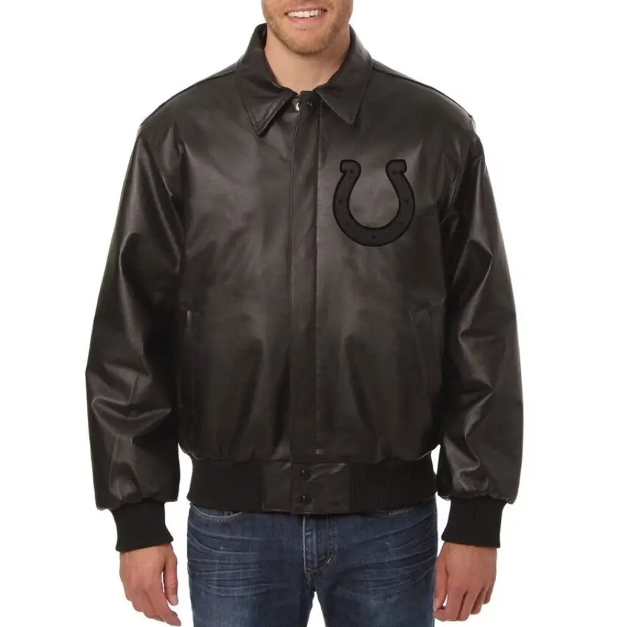 Indianapolis Colts Shirt Collar Full Leather Black Tonal Varsity Jacket
