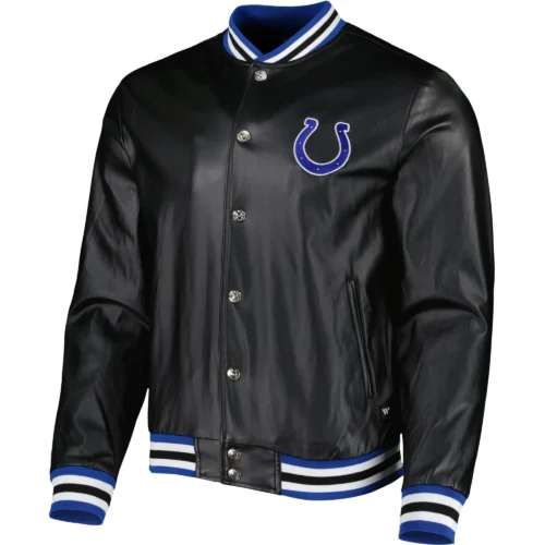 Indianapolis Colts Metallic Bomber Full-Snap Black Leather Jacket