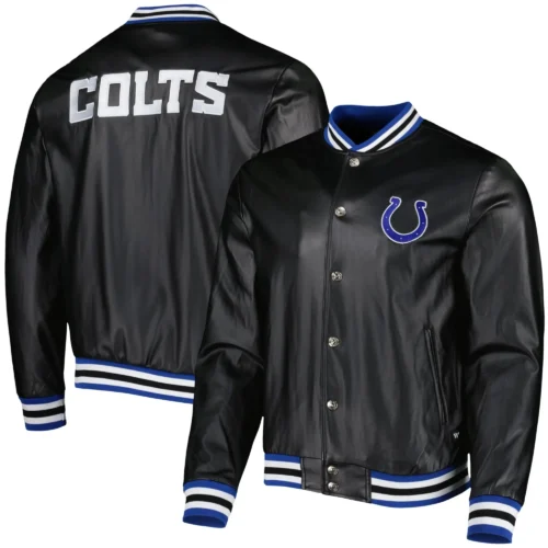 Indianapolis Colts Metallic Bomber Full-Snap Black Leather Jacket - Image 3