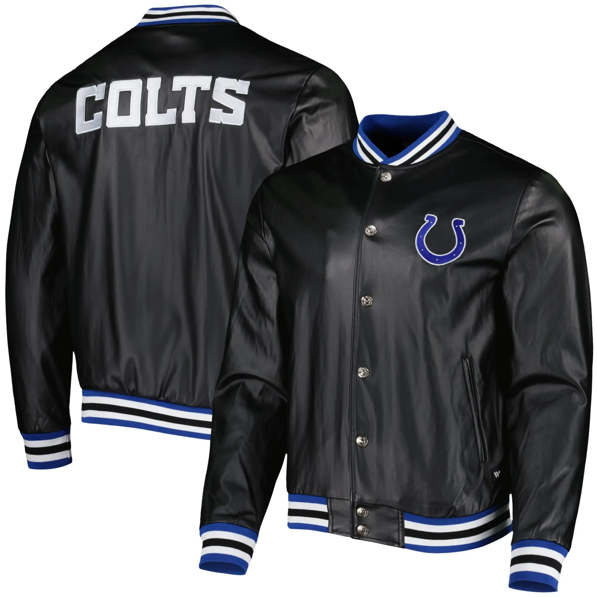 Indianapolis Colts Metallic Bomber Full-Snap Black Leather Jacket - Image 3
