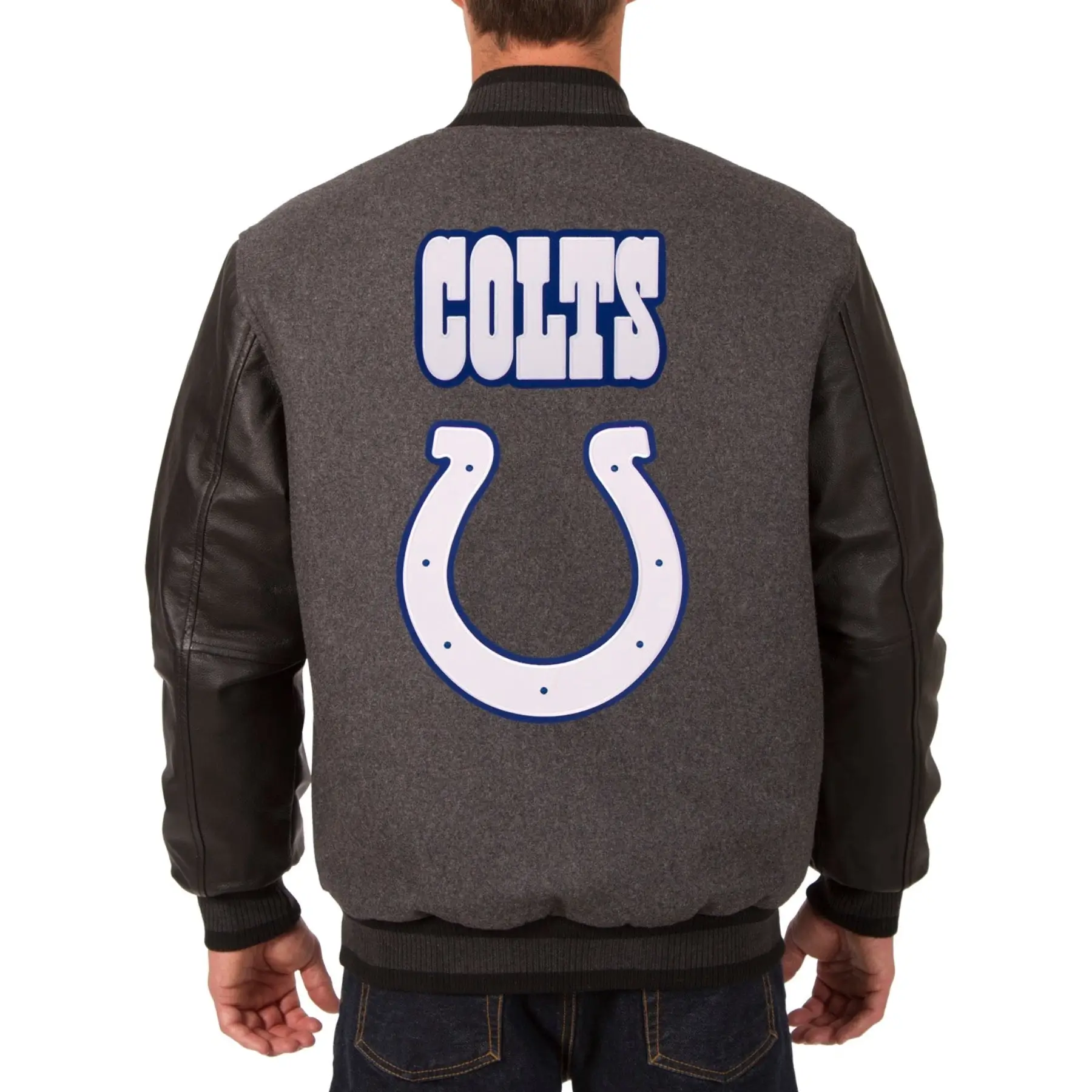 Indianapolis Colts Two Tone Charcoal & Black Wool & Leather Varsity Jacket - Image 2