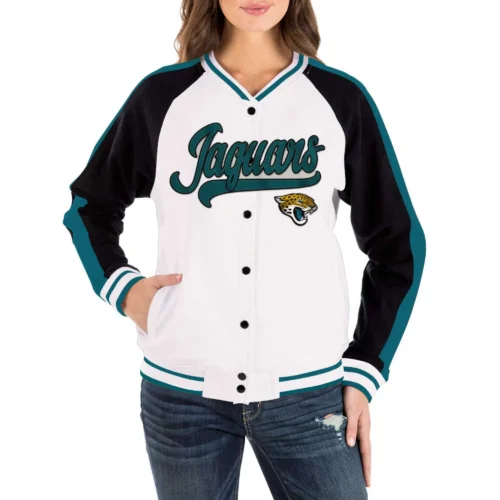 Alternative view of Jacksonville Jaguars Women's Full-Snap White Satin Varsity Jacket