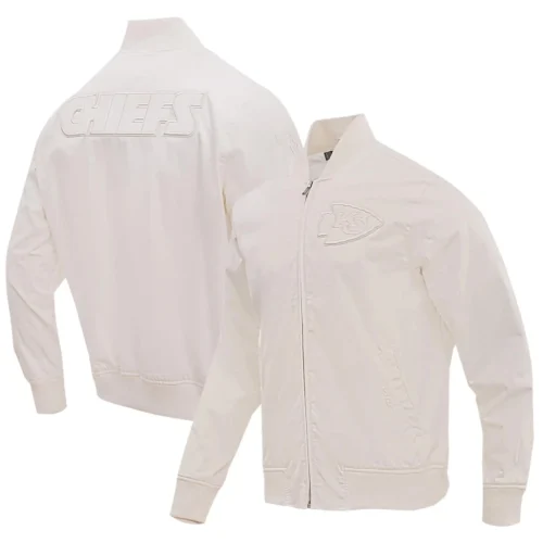 Kansas City Chiefs Neutral Full-Zip Satin Varsity Jacket - Image 3