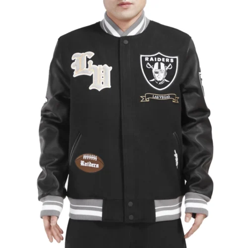 Las Vegas Raiders Pro Prep Wool & Leather Black Stain Varsity Jacket