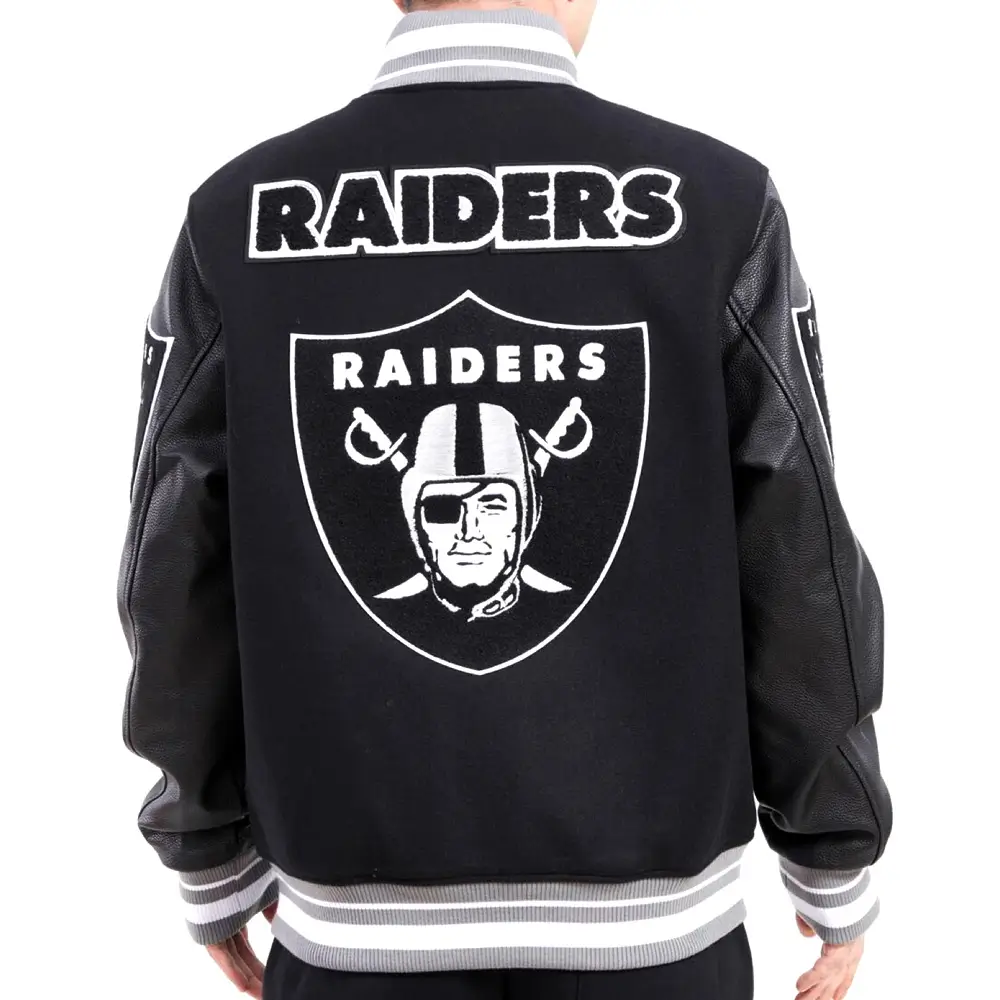 Las Vegas Raiders Mash Up Black Wool & Leather Varsity Jacket - Image 2