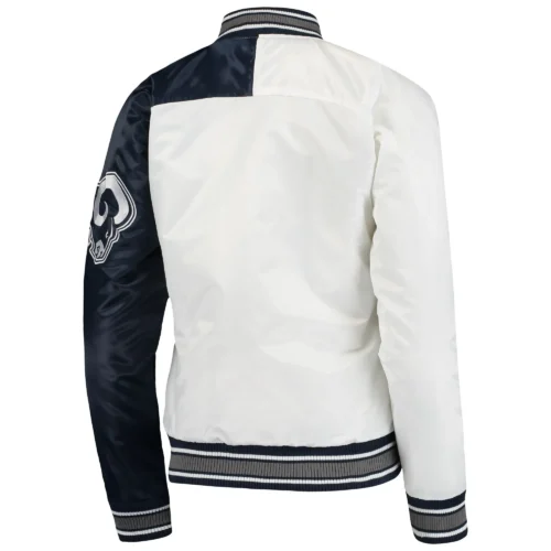 Alternative view of Los Angeles Rams Women's Hometown White & Navy Varsity Jacket