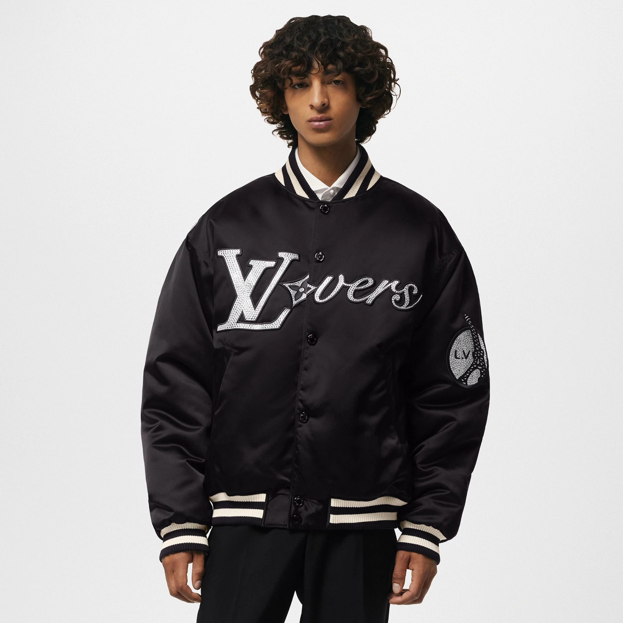 Louis Vuitton Embroidered Black Satin Bomber Varsity Jacket - Image 2