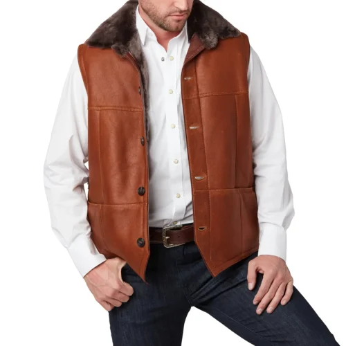 Men's Shearling Cognac Leather Vest