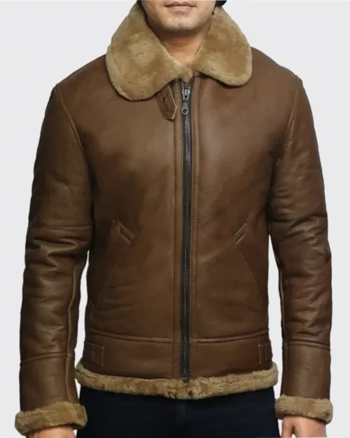 Mens Tan Biker Aviator Genuine Shearling Leather Bomber Jacket