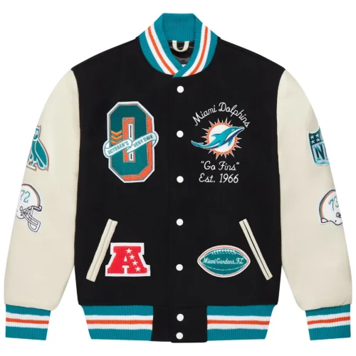 Miami Dolphins Black Full-Snap Wool & Leather Varsity Jacket