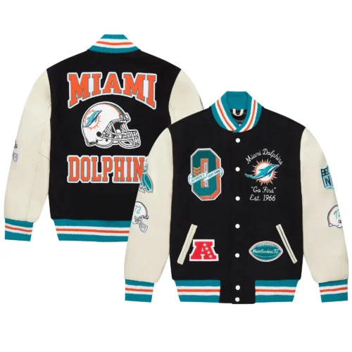 Miami Dolphins Black Full-Snap Wool & Leather Varsity Jacket - Image 6
