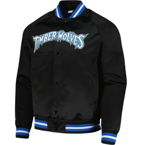 Minnesota Timberwolves Throwback Wordmark Black Satin Varsity Jacket