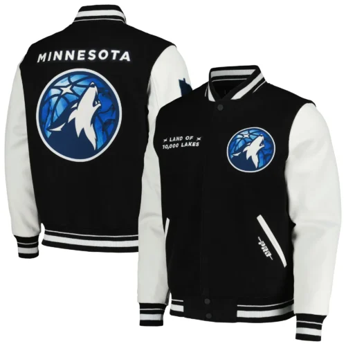 Minnesota Timberwolves 2023/24 City Edition Rib knitted Wool & Leather Varsity Black/White Jacket - Image 3
