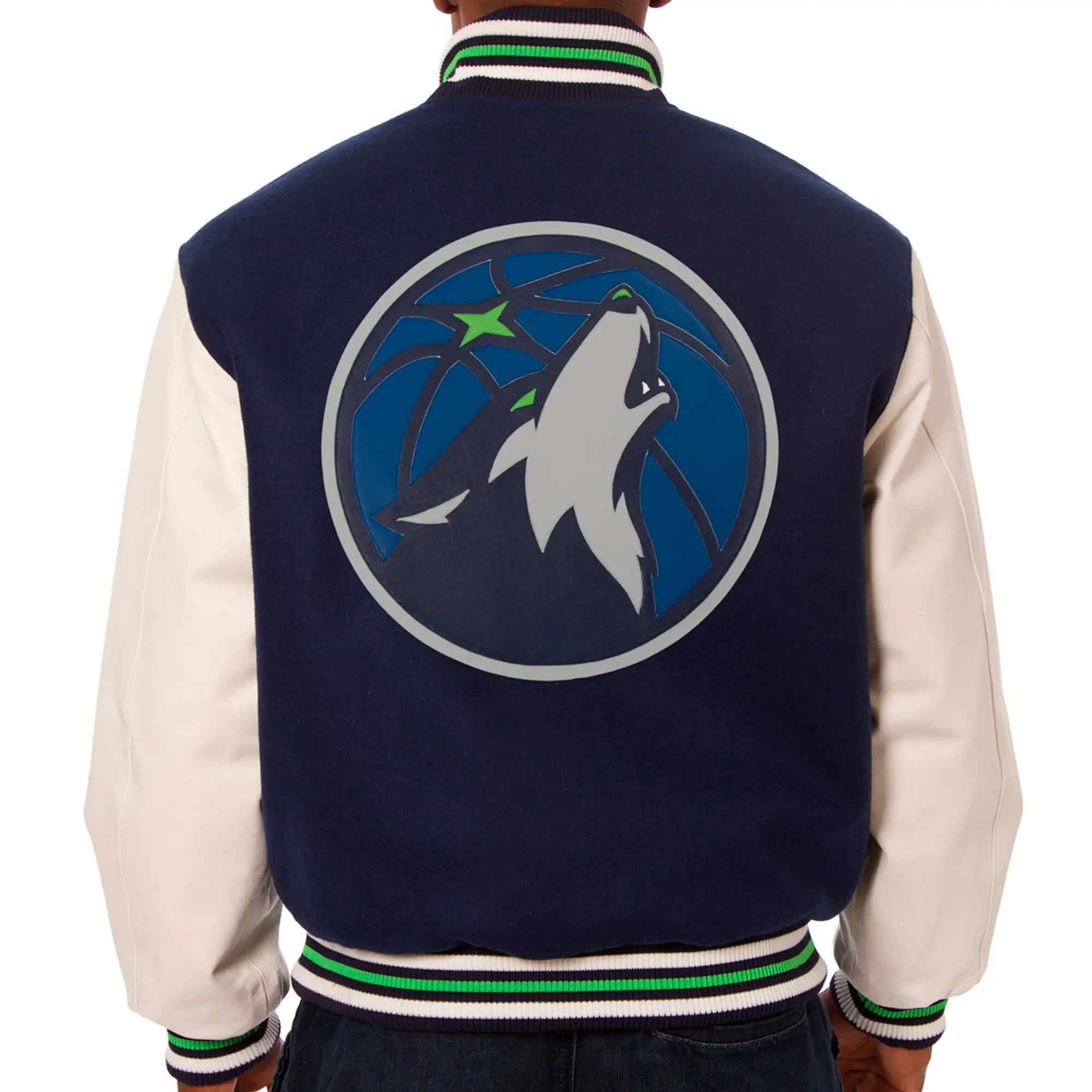 Minnesota Timberwolves Two Tone Navy/White Wool & Leather Varsity Jacket - Image 2