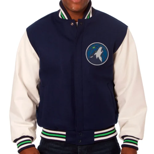Minnesota Timberwolves Two Tone Navy/White Wool & Leather Varsity Jacket