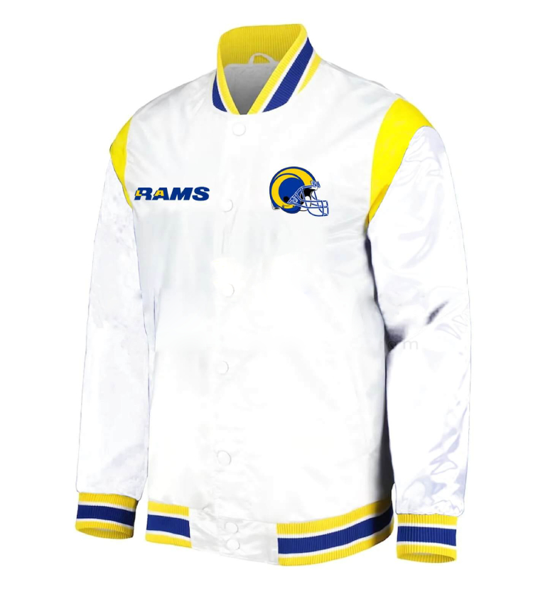 Los Angeles Rams Force Play White Satin Varsity Jacket