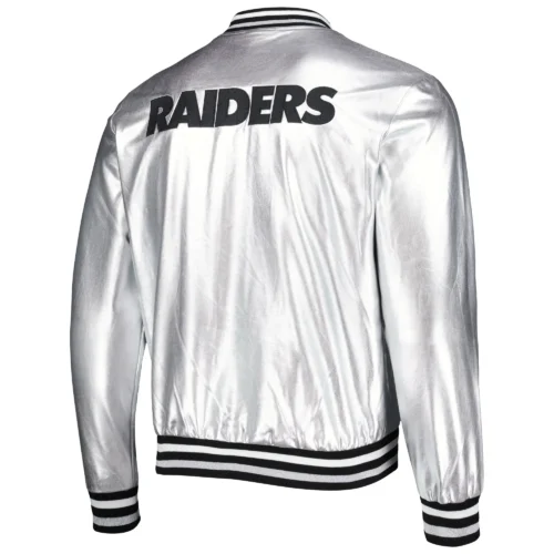 Alternative view of Las Vegas Raiders Metallic Bomber Silver Jacket