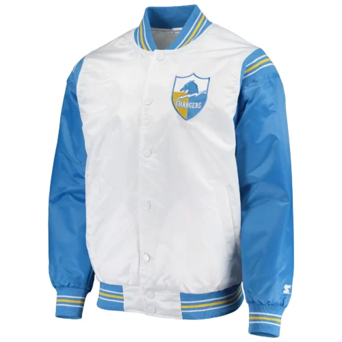 Los Angeles Chargers The Enforcer White & Blue Satin Varsity Jacket