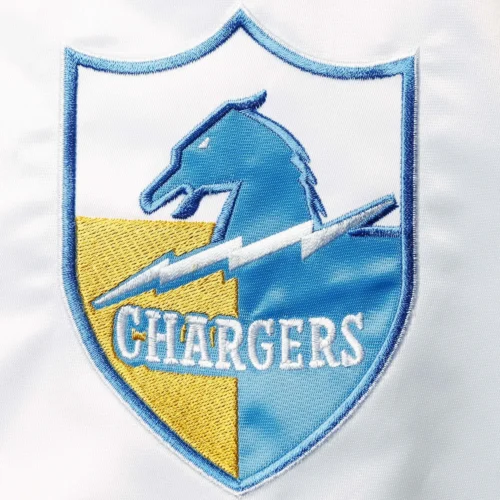 Los Angeles Chargers The Enforcer White & Blue Satin Varsity Jacket - Image 3