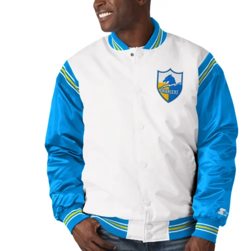 Los Angeles Chargers The Enforcer White & Blue Satin Varsity Jacket - Image 4