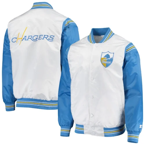 Los Angeles Chargers The Enforcer White & Blue Satin Varsity Jacket - Image 5