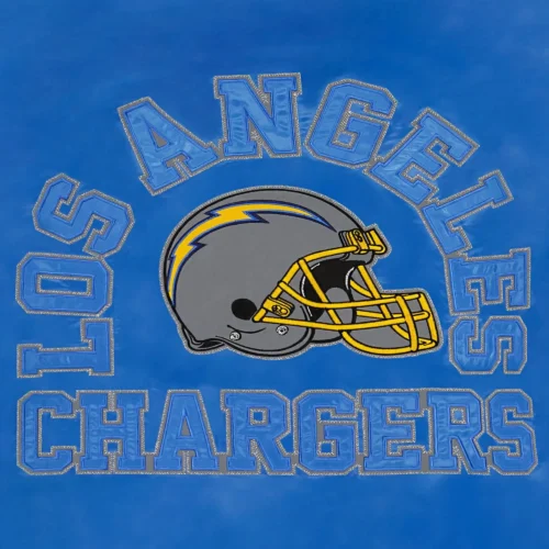 Los Angeles Chargers Locker Room Throwback Blue & Yellow Satin Varsity Jacket - Image 4