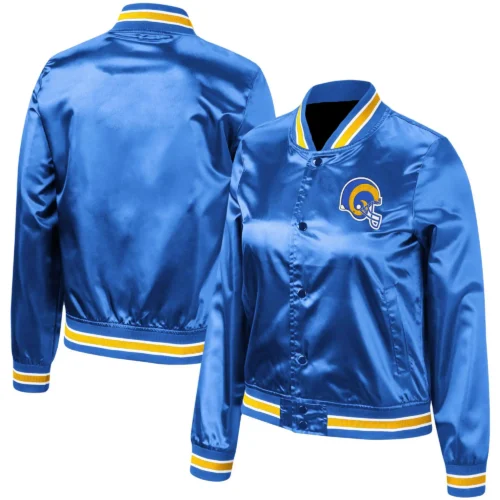 Los Angeles Rams Women's Lightweight Satin Full-Snap Blue Satin Varsity Jacket - Image 4