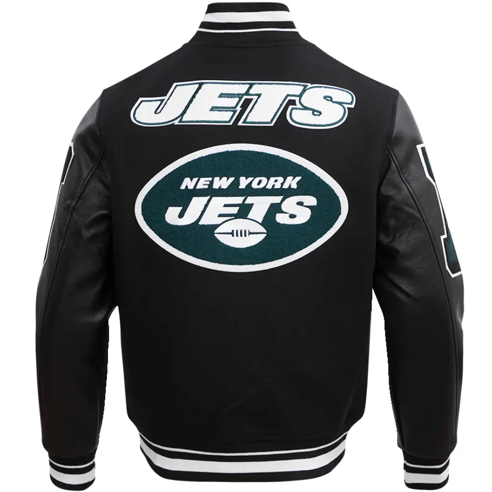 New York Jets Mash Up Rib Black Wool & Leather Varsity Jacket - Image 2