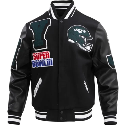 New York Jets Mash Up Rib Black Wool & Leather Varsity Jacket