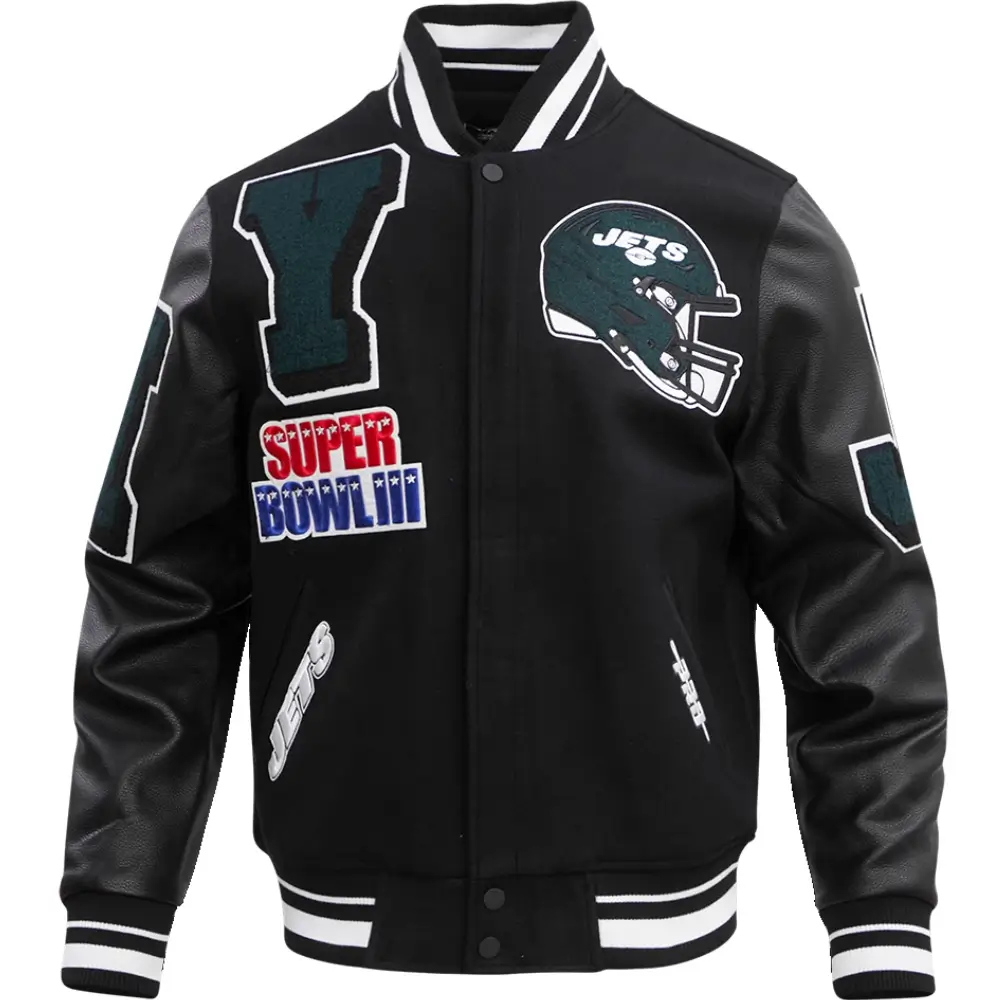 New York Jets Mash Up Rib Black Wool & Leather Varsity Jacket