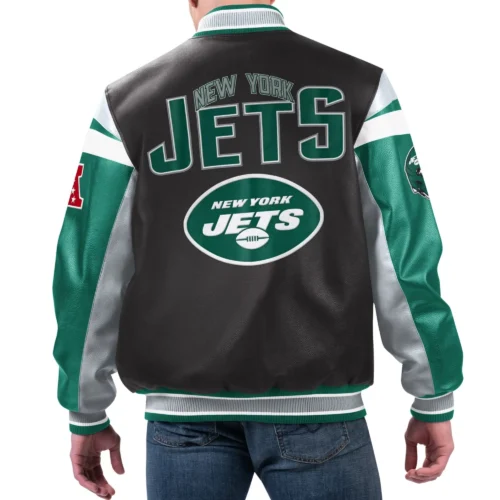 Alternative view of New York Jets Black/Green Full-Zip Leather Varsity Jacket