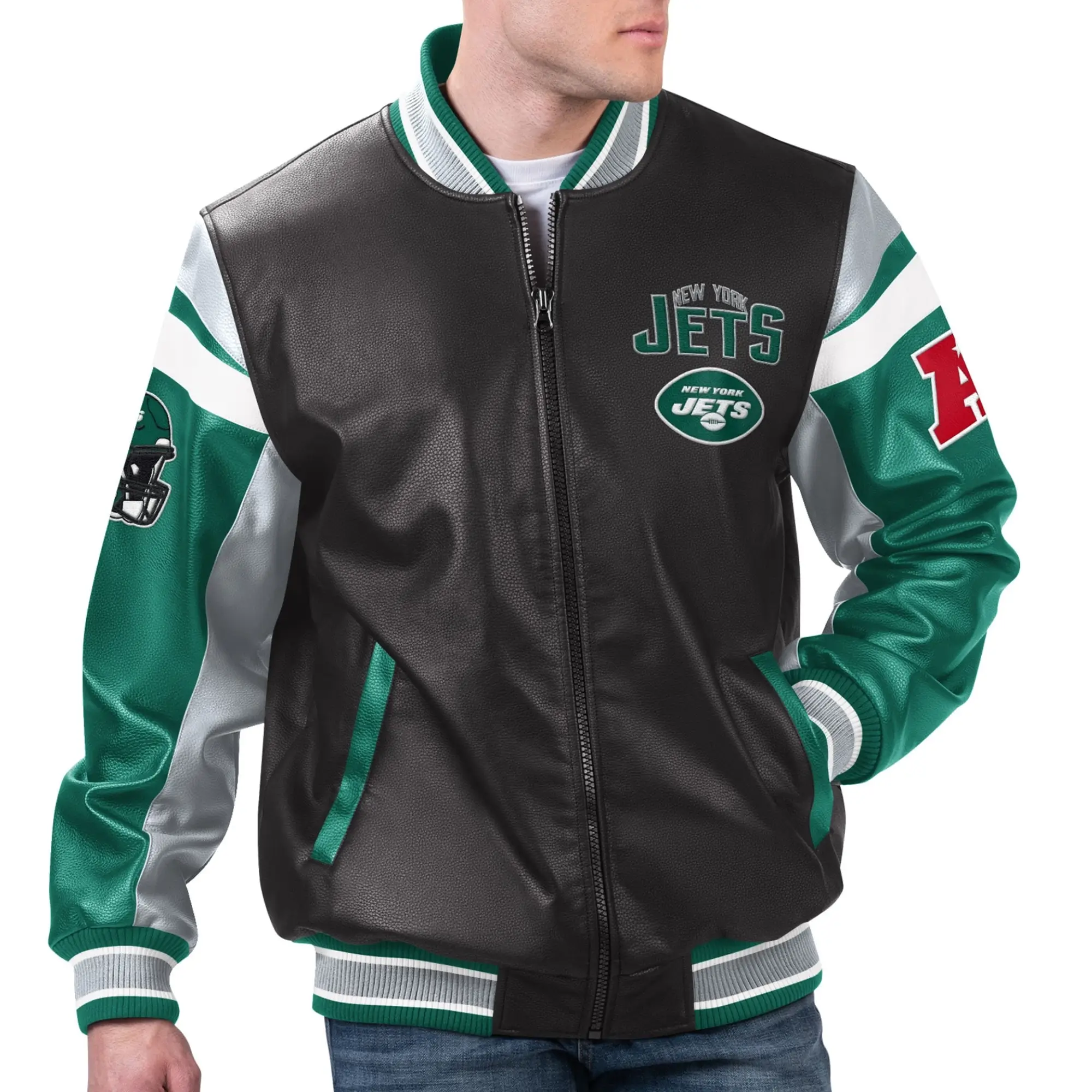 New York Jets Black/Green Full-Zip Leather Varsity Jacket