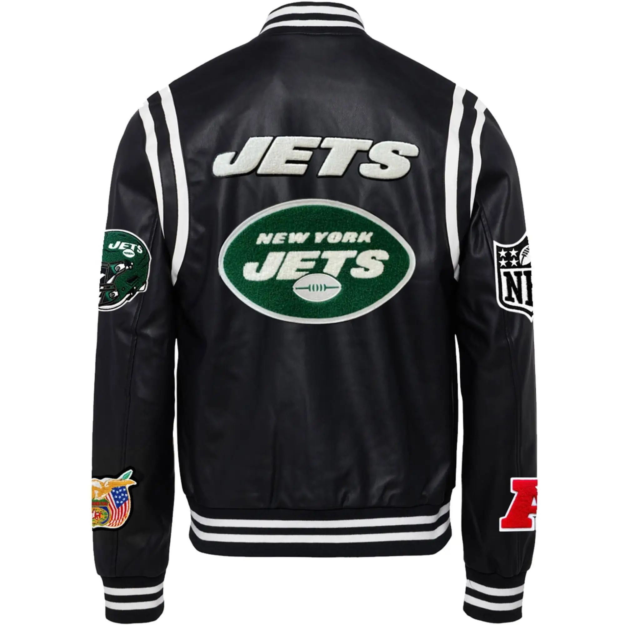 New York Jets Black Vegan Full Leather Full-Snap Varsity Jacket - Image 2