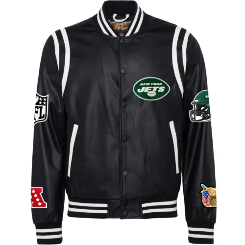 New York Jets  Black Vegan Full Leather  Full-Snap Varsity Jacket