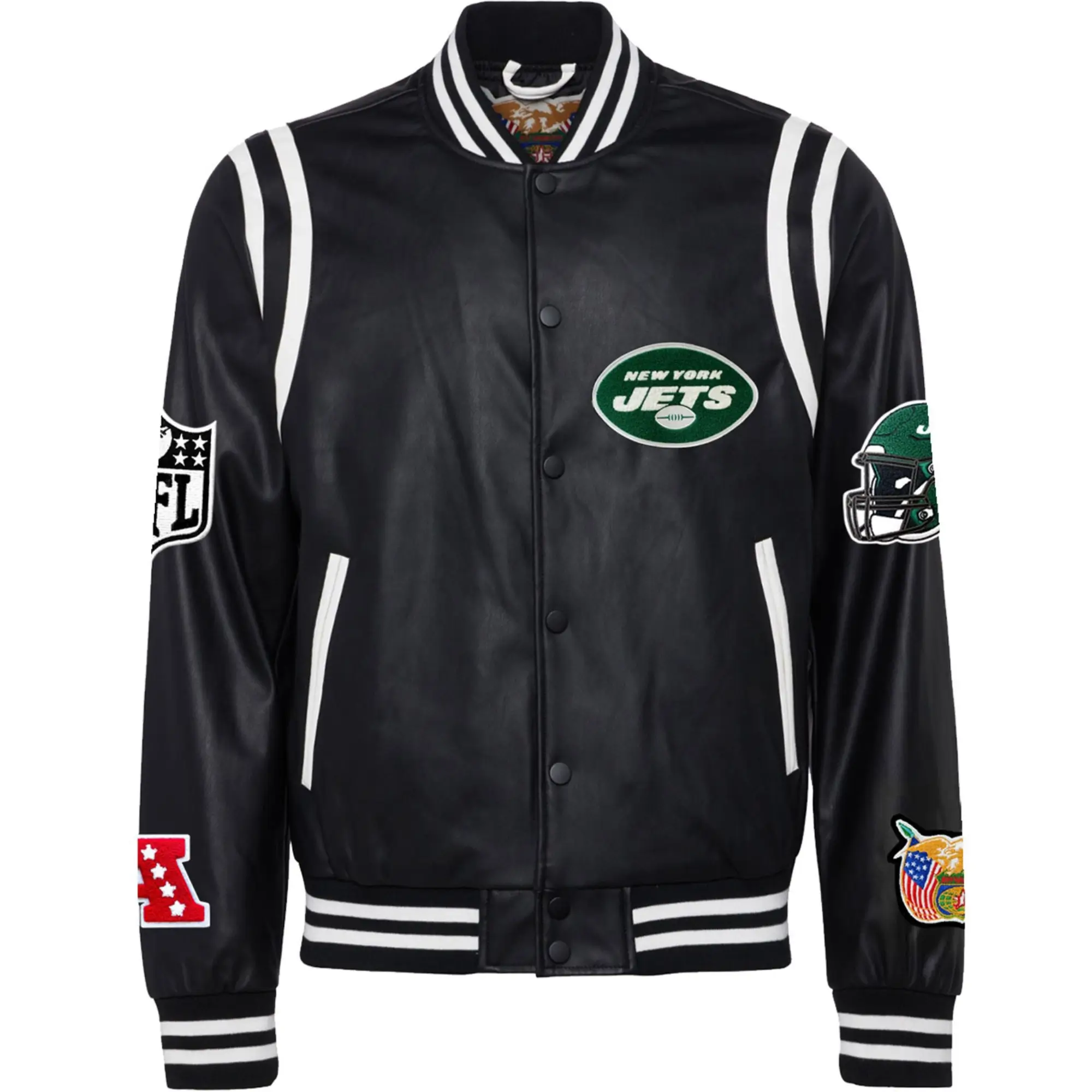 New York Jets Black Vegan Full Leather Full-Snap Varsity Jacket