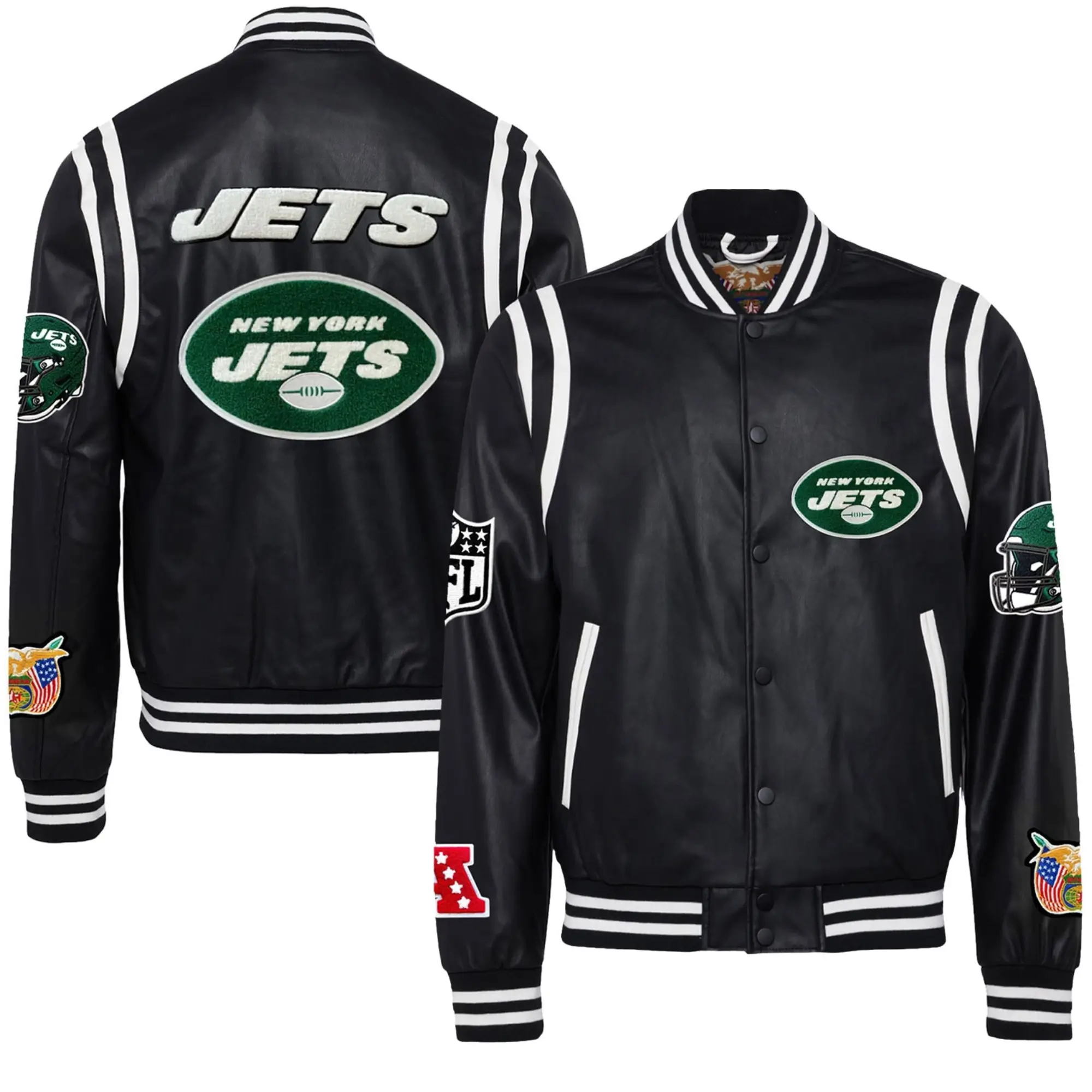 New York Jets Black Vegan Full Leather Full-Snap Varsity Jacket - Image 3
