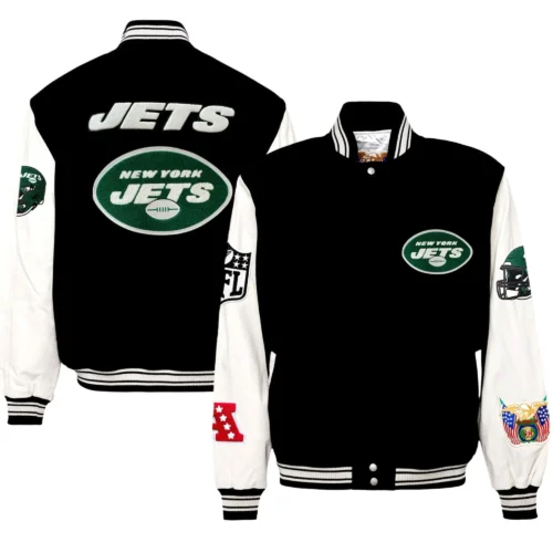 New York Jets Jeff Hamilton Classic Rib Wool & Leather Varsity Jacket - Image 3