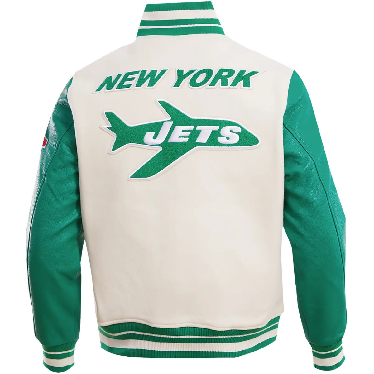 New York Jets Retro Classic Wool & Leather Varsity Jacket Cream & Green - Image 2