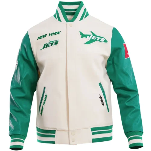 New York Jets Retro Classic Wool & Leather Varsity Jacket Cream & Green